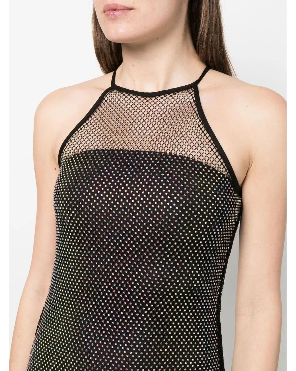 Patrizia Pepe Black Sleeveless Rhinestone-Embellished Mesh Dress