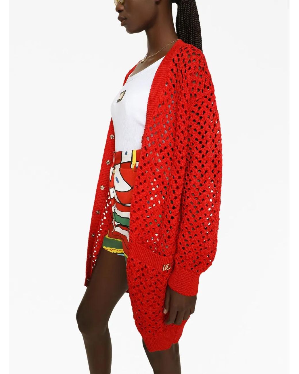 Dolce & Gabbana Red Open-Knit Cotton Cardigan