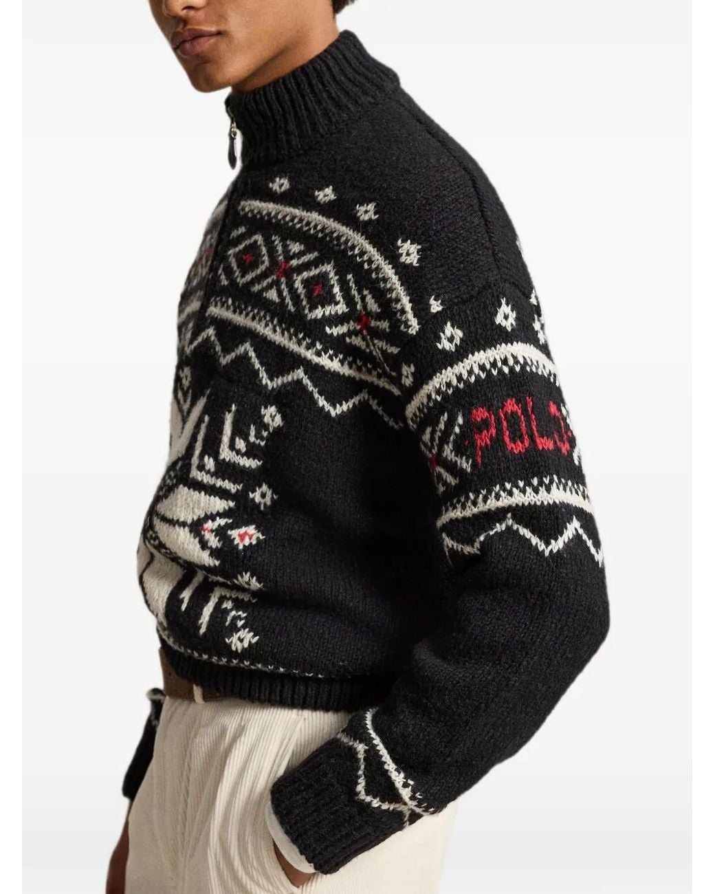 Polo Ralph Lauren Black Snowflake-Intarsia Half-Zip Sweater for men