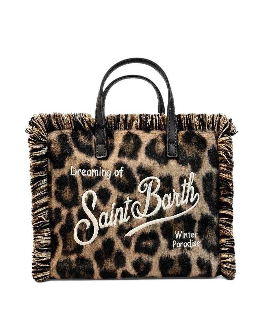 Mc2 Saint Barth Black Mini Vanity Leopard-Print Fringed Tote Bag