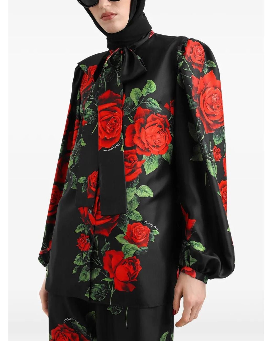 Dolce & Gabbana Red Rose-Print Silk Blouse