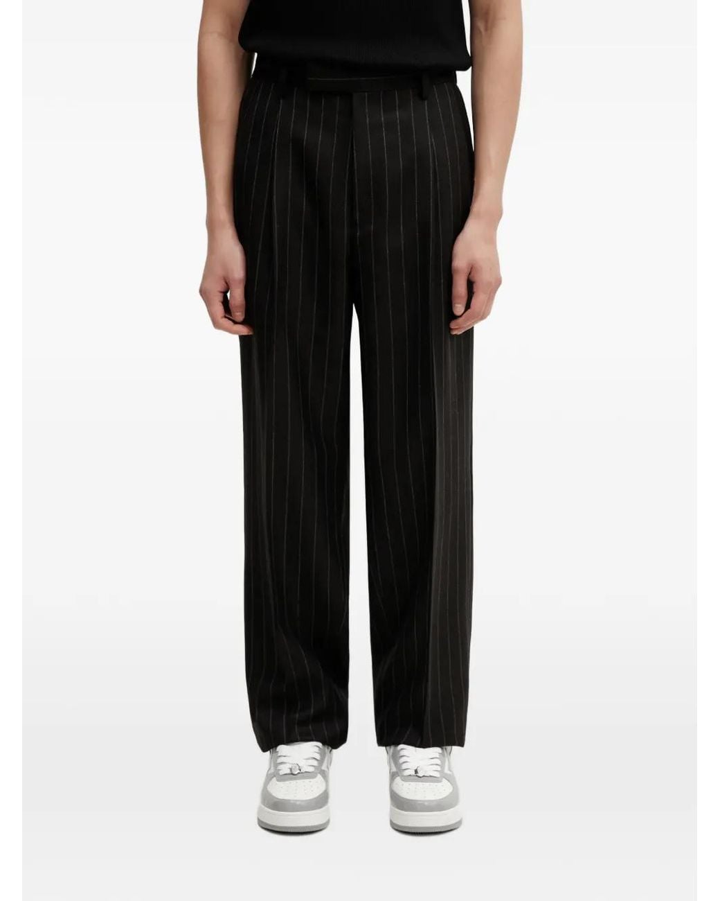 Wacko Maria Black Pinstripe-Pattern Pleated Trousers for men