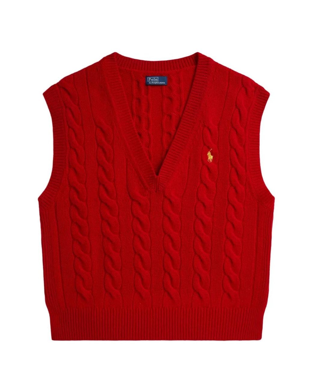 Polo Ralph Lauren Red Pull En Maille Torsadée À Col V