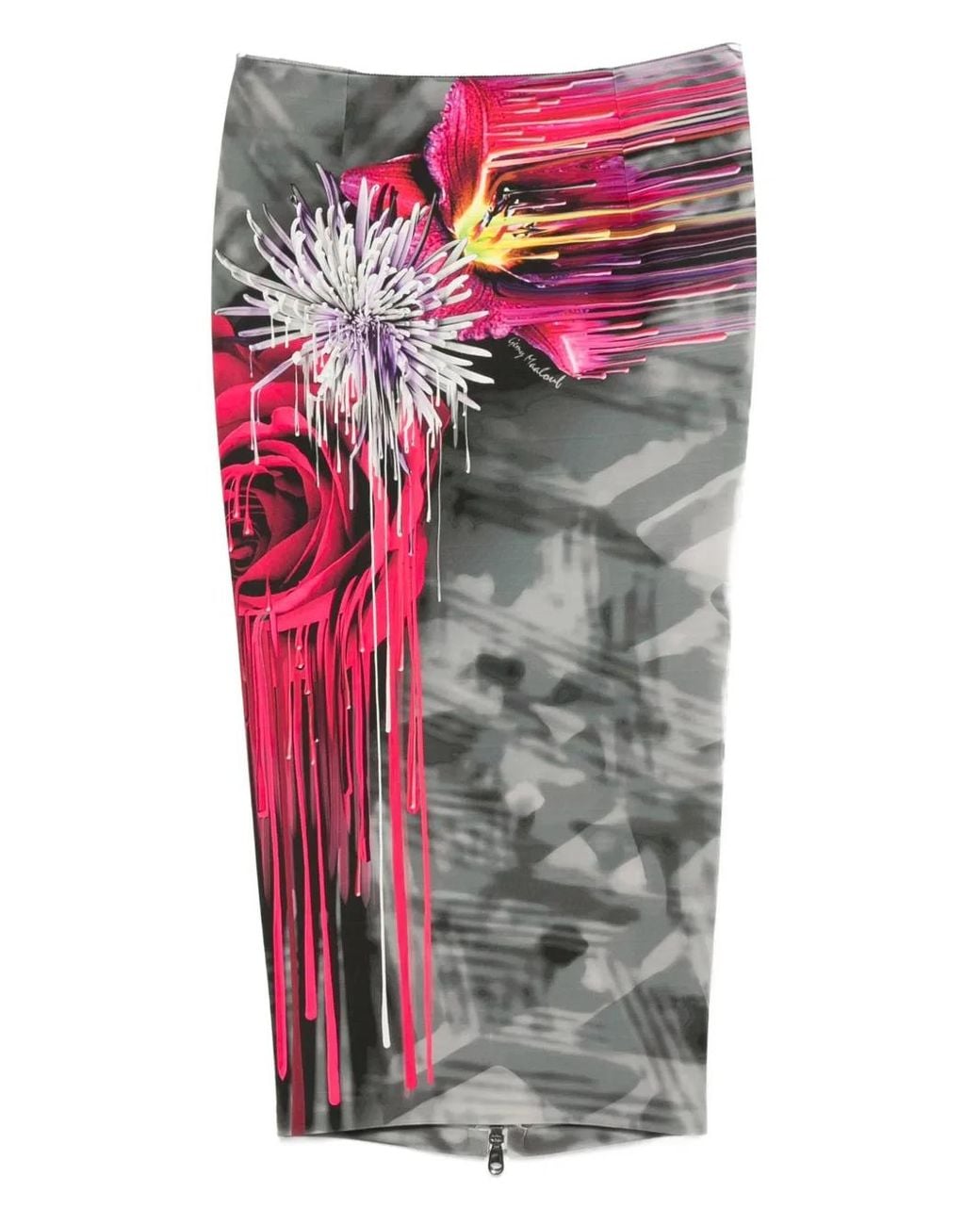 Gemy Maalouf Gray Floral-Print Zip-Front Skirt