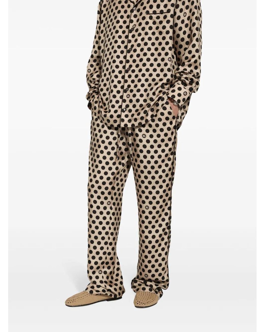 Dolce & Gabbana White Polka Dot-Print Silk Trousers for men