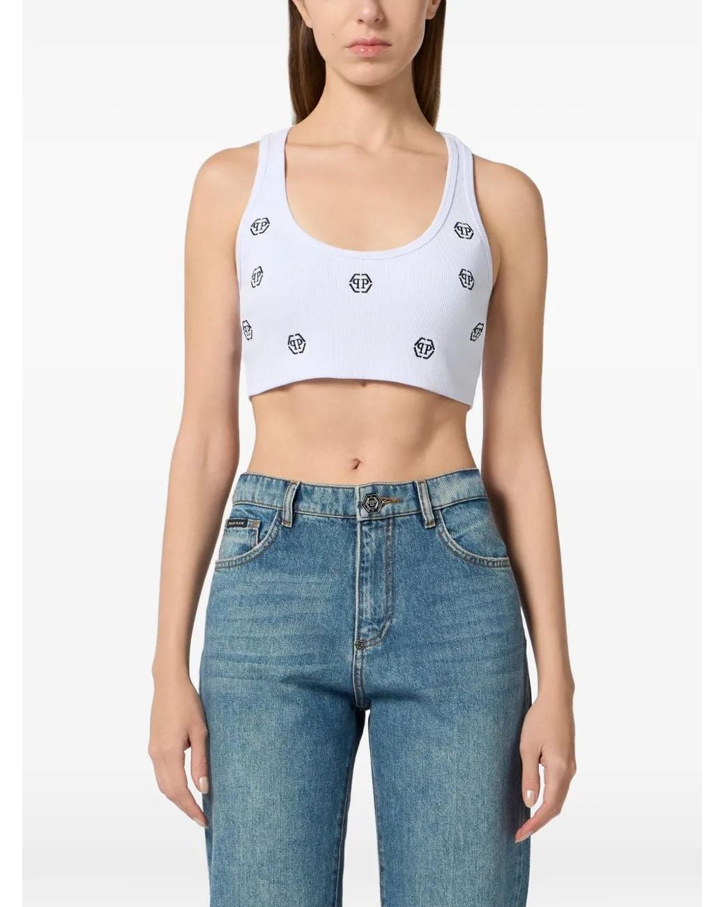Philipp Plein White Monogram Ribbed Top