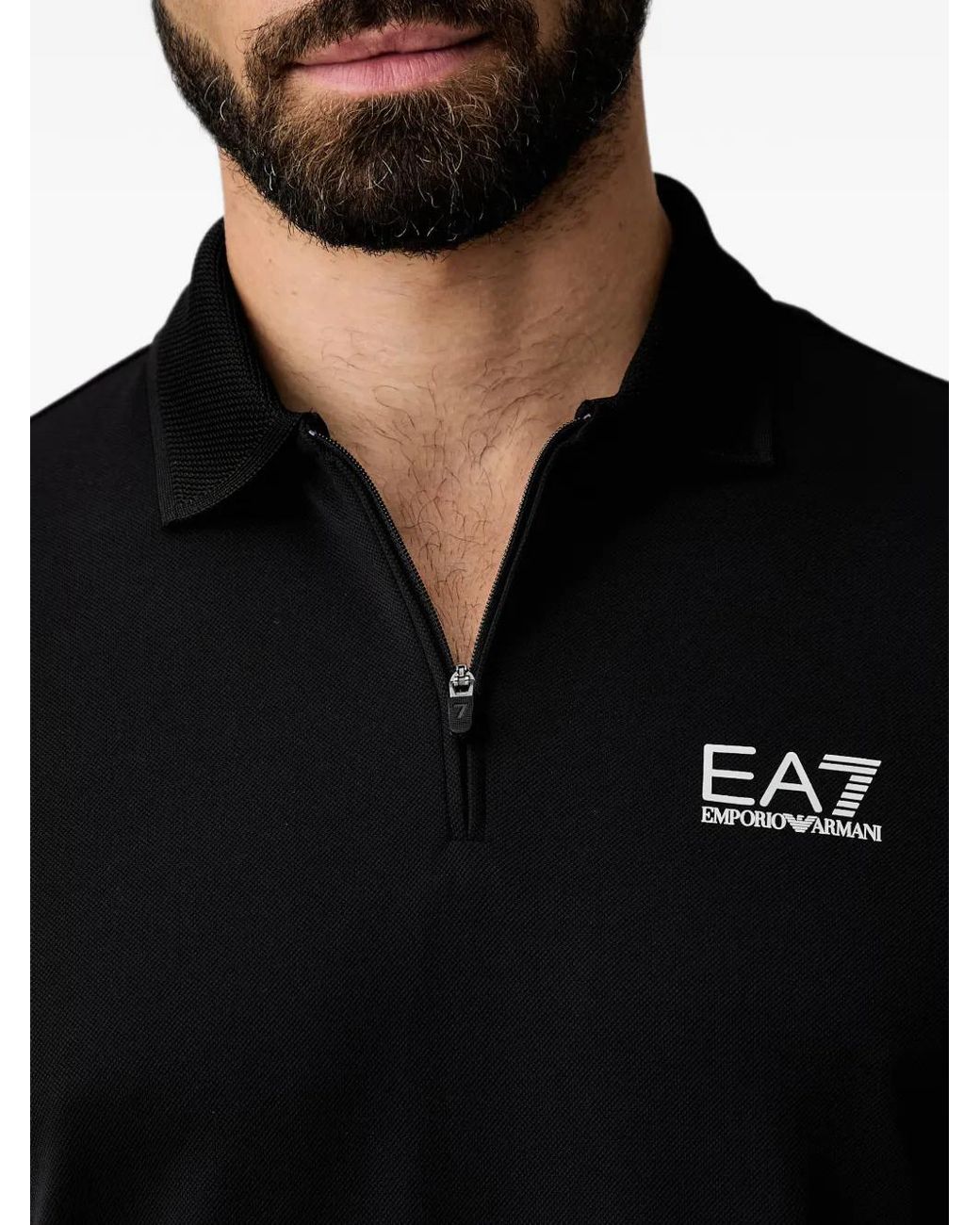 EA7 Black Logo-Print Zip-Neck Polo Shirt for men