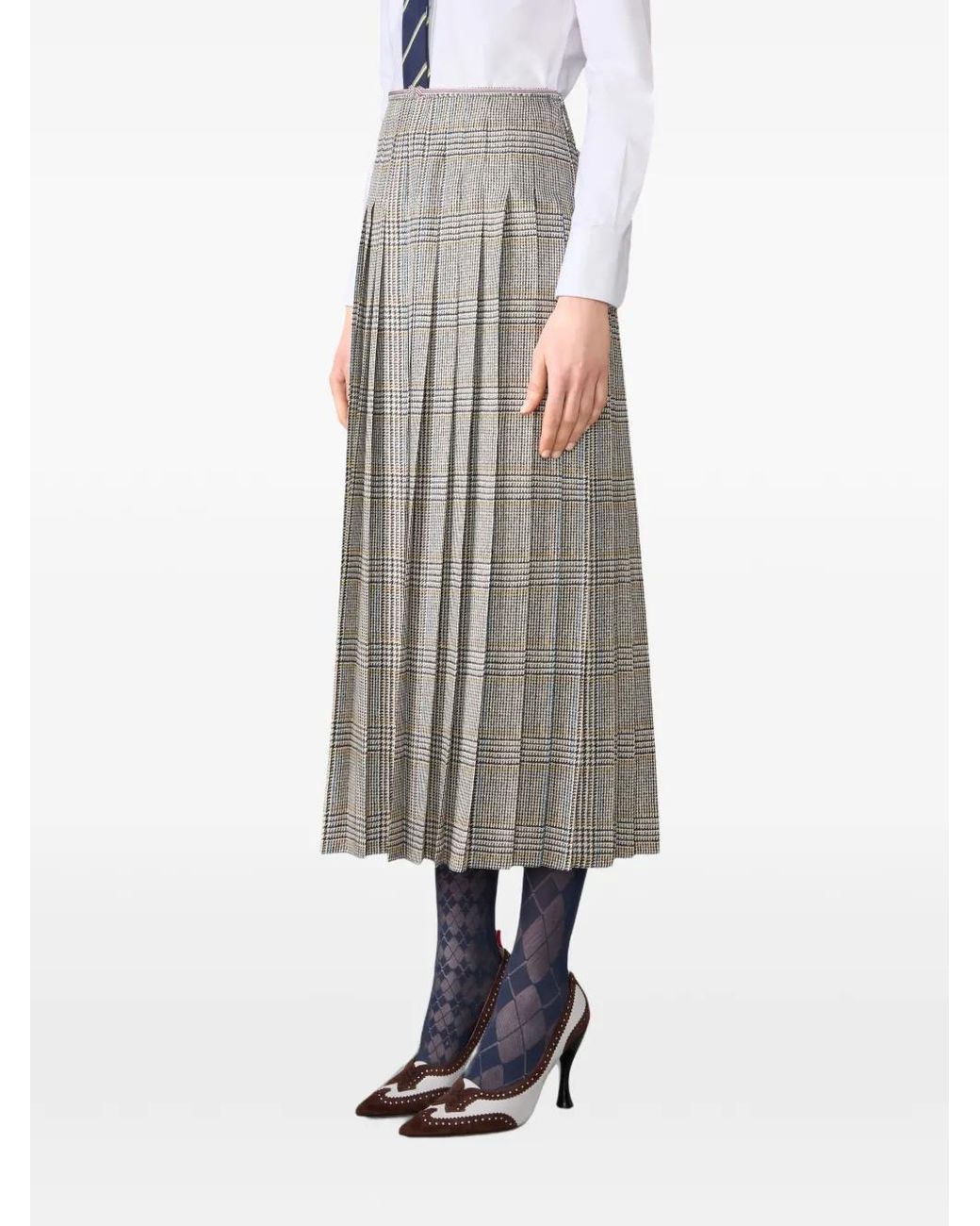 Thom Browne Gray Hunting Tweed Silk Twill Pleated Skirt
