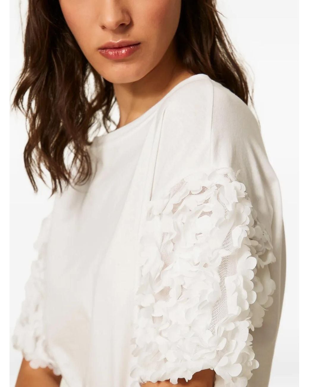 Twinset White T-Shirt With Tulle Sleeves With Flowers