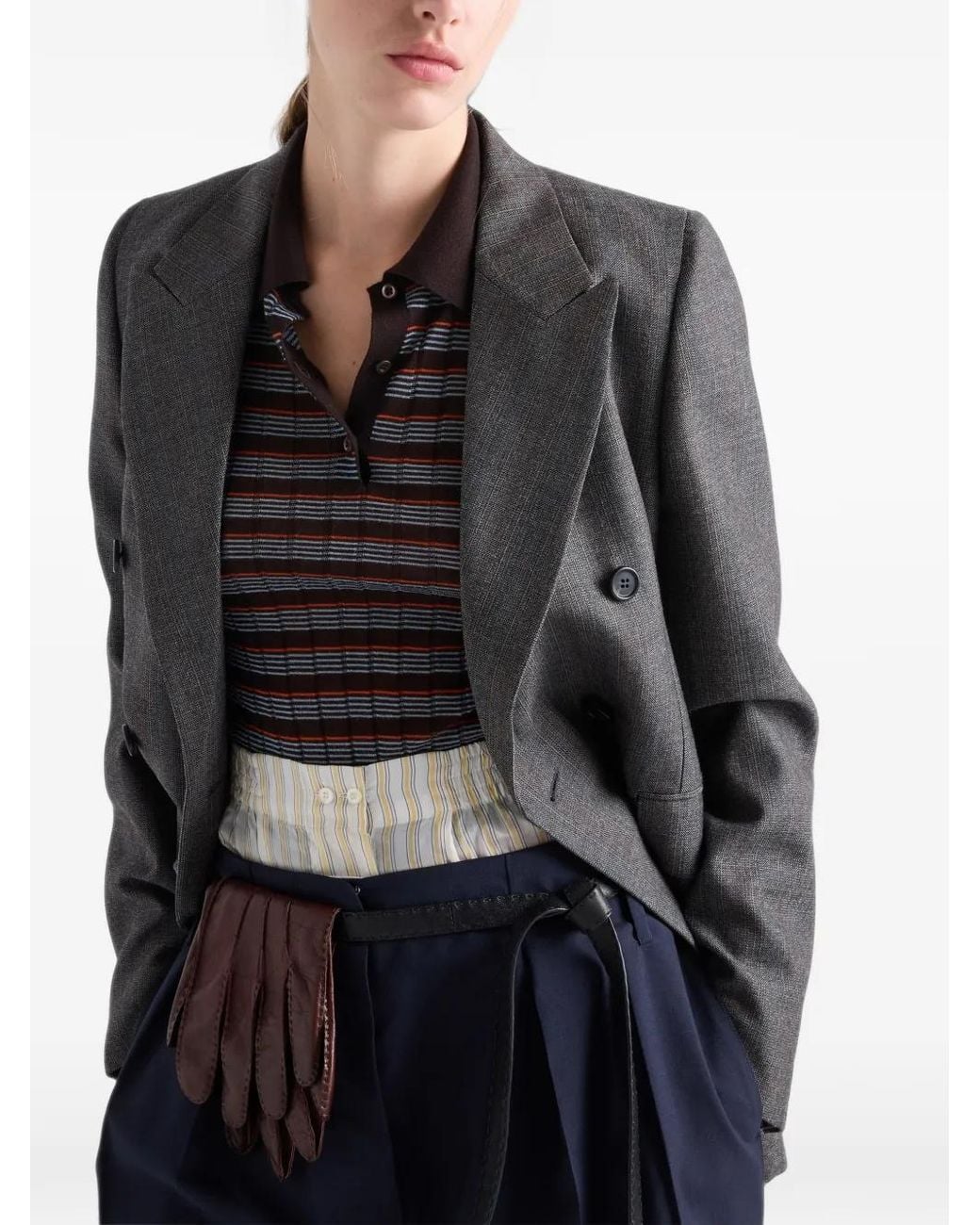 Prada Gray Double-Breasted Pinstriped Mouliné Wool Jacket