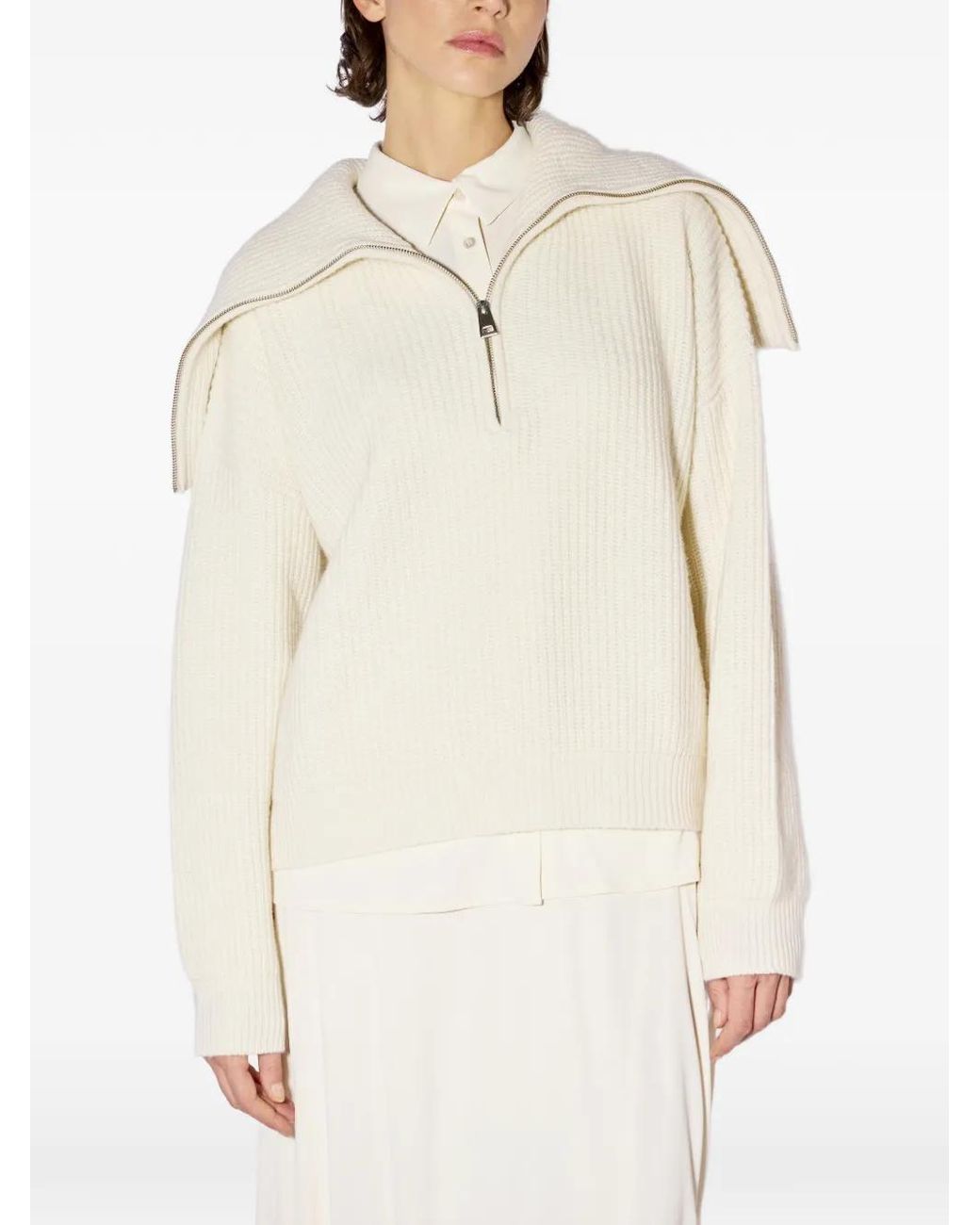 Liviana Conti White Evadne Ribbed-Knit Zip-Neck Sweater