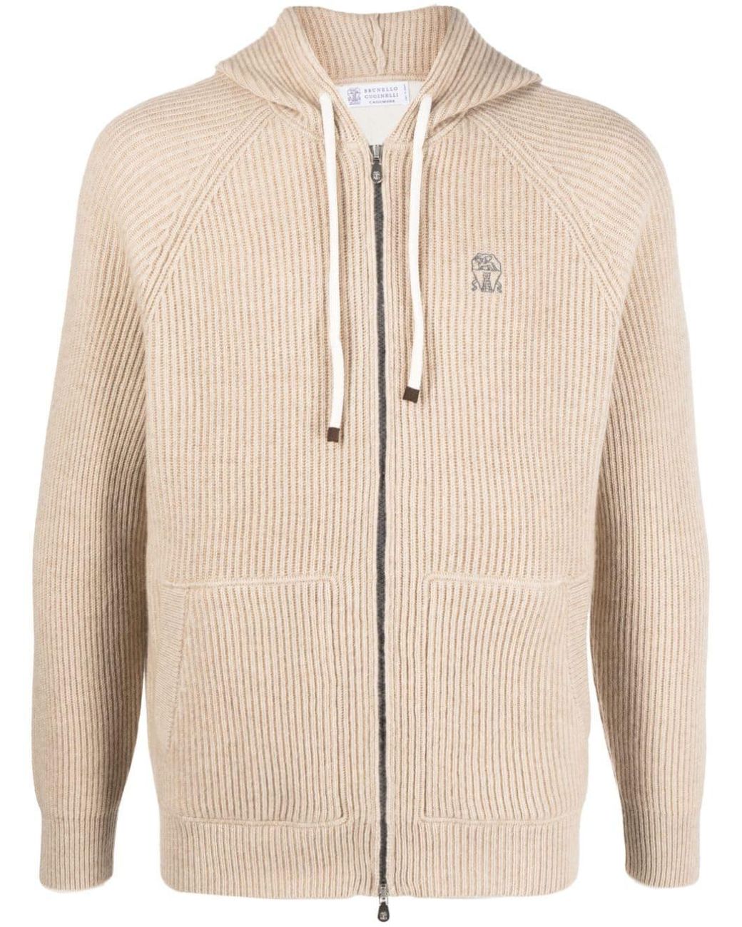 Brunello Cucinelli Logo-embroidered Ribbed Hoodie in Natural for Men