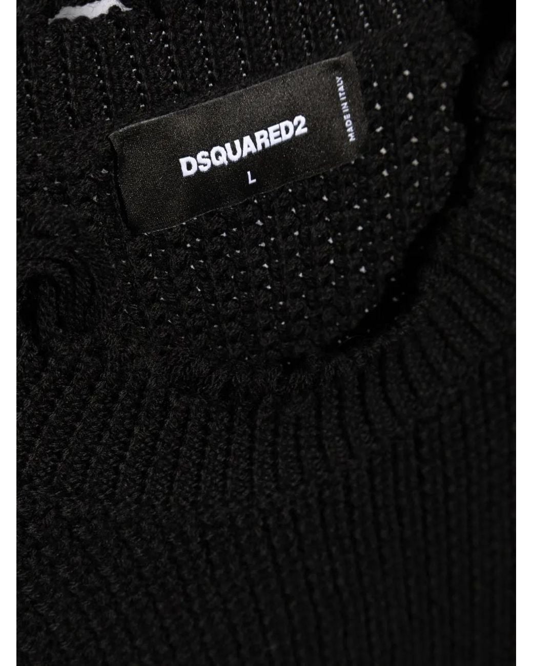 DSquared² Black Textured Knit Sweater With Raw Hem And Distressed Detailing for men