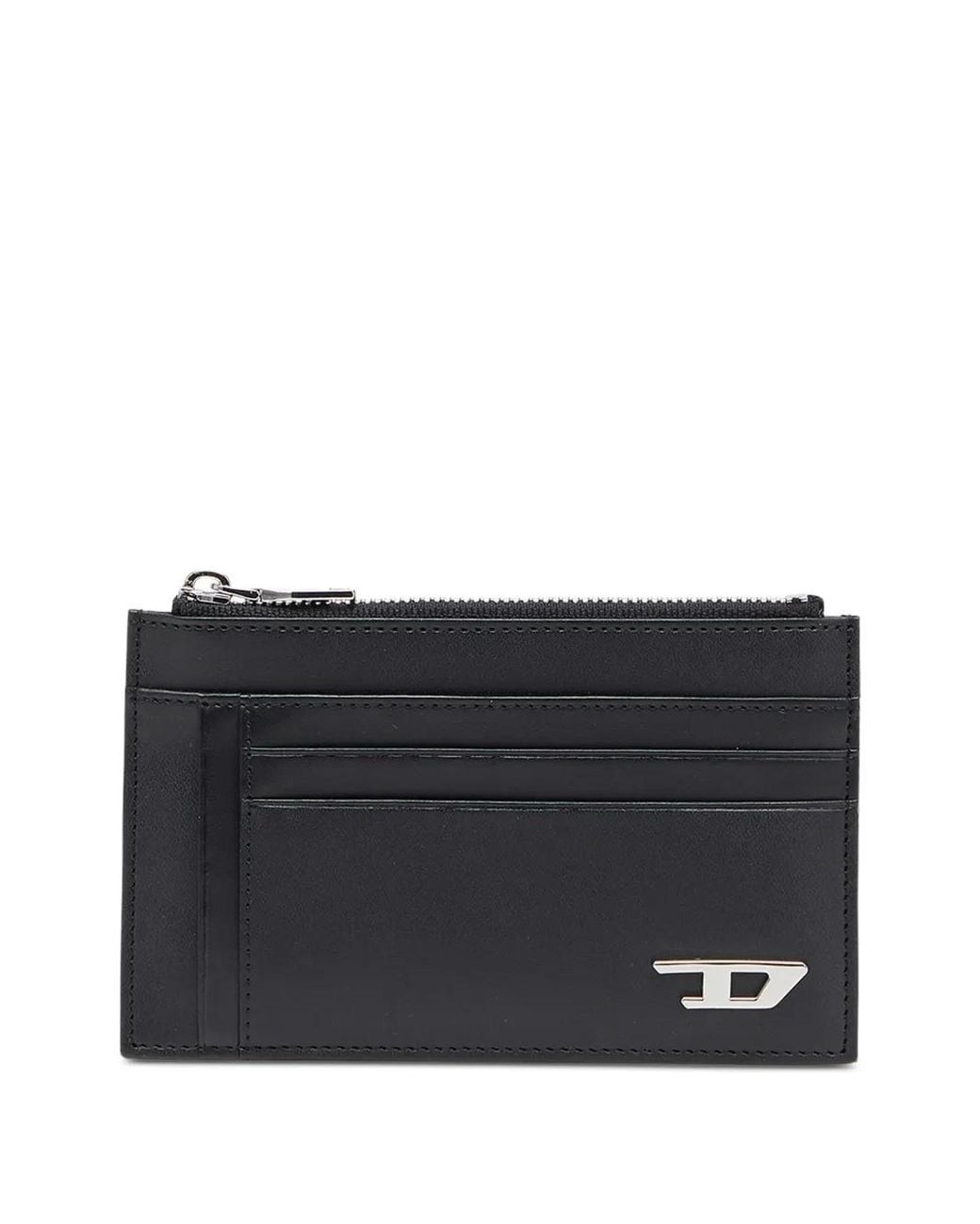 DIESEL Black Leather Card Holder With Zip Pocket for men