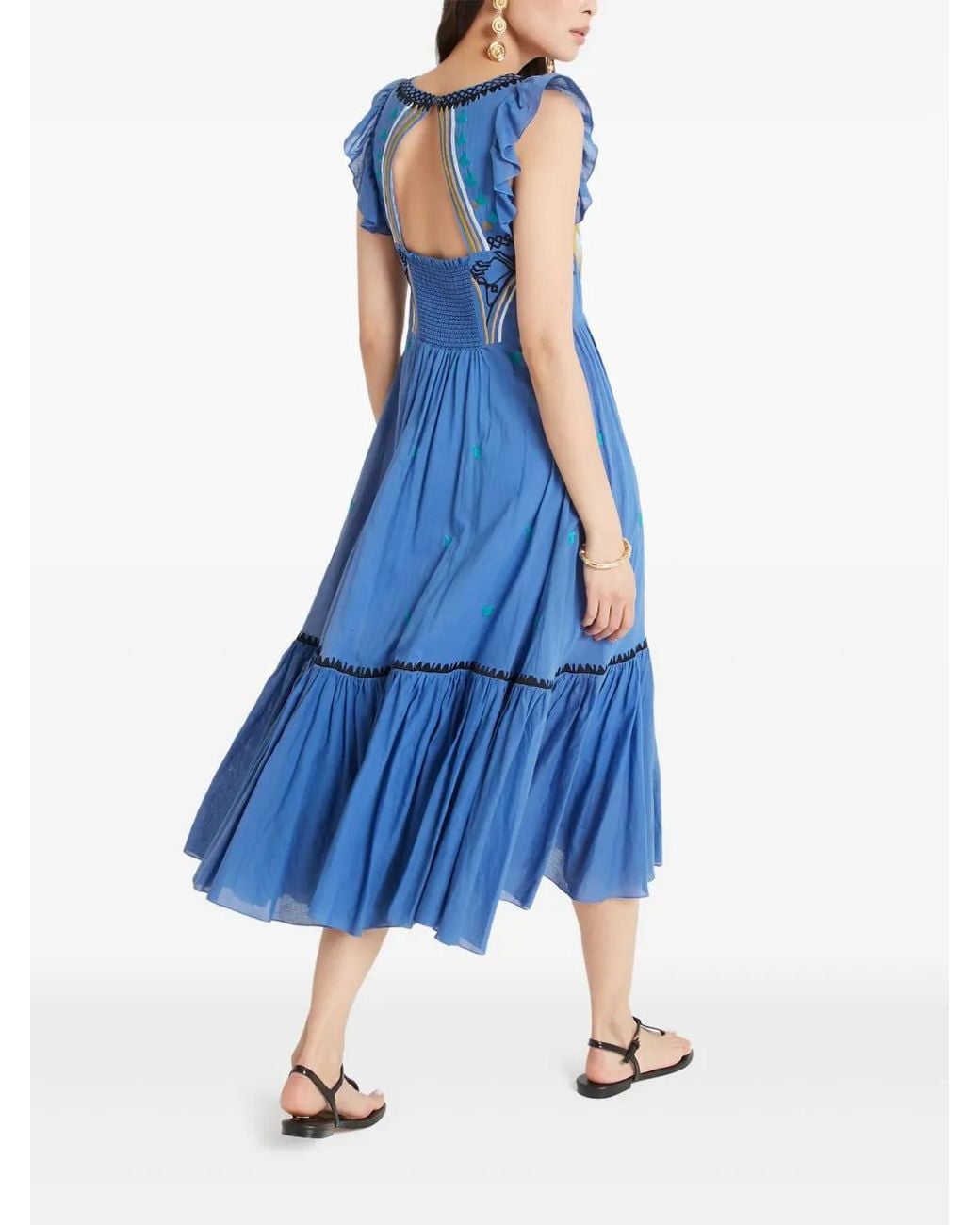 Temperley London Blue Embroidered Tiered Smocked Cotton Dress