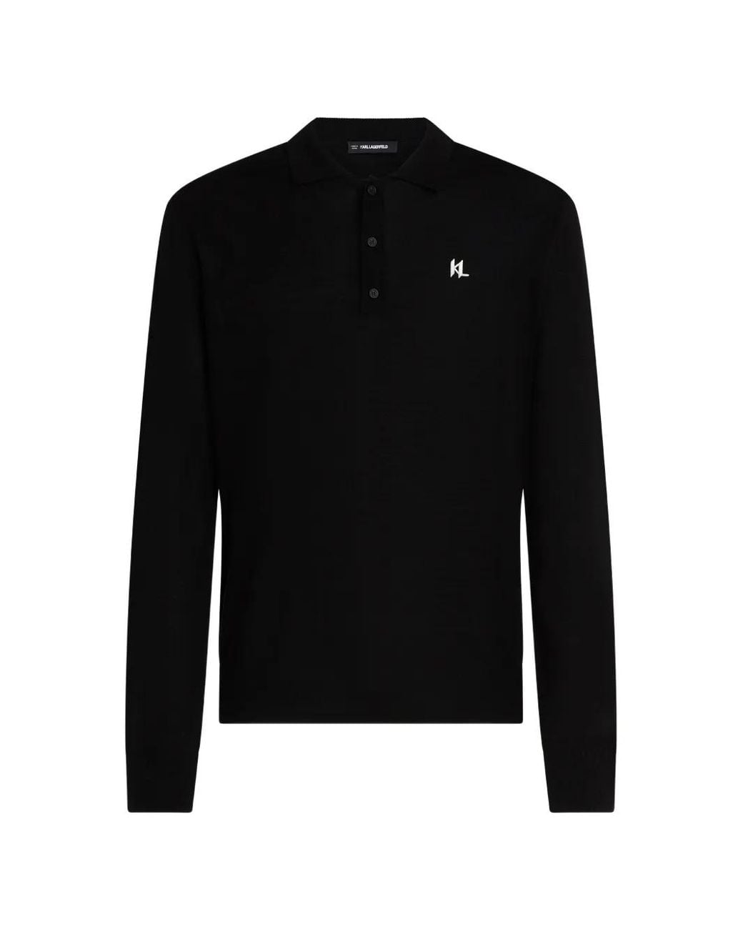 Karl Lagerfeld Black Merino Wool Long-Sleeved Polo Shirt for men