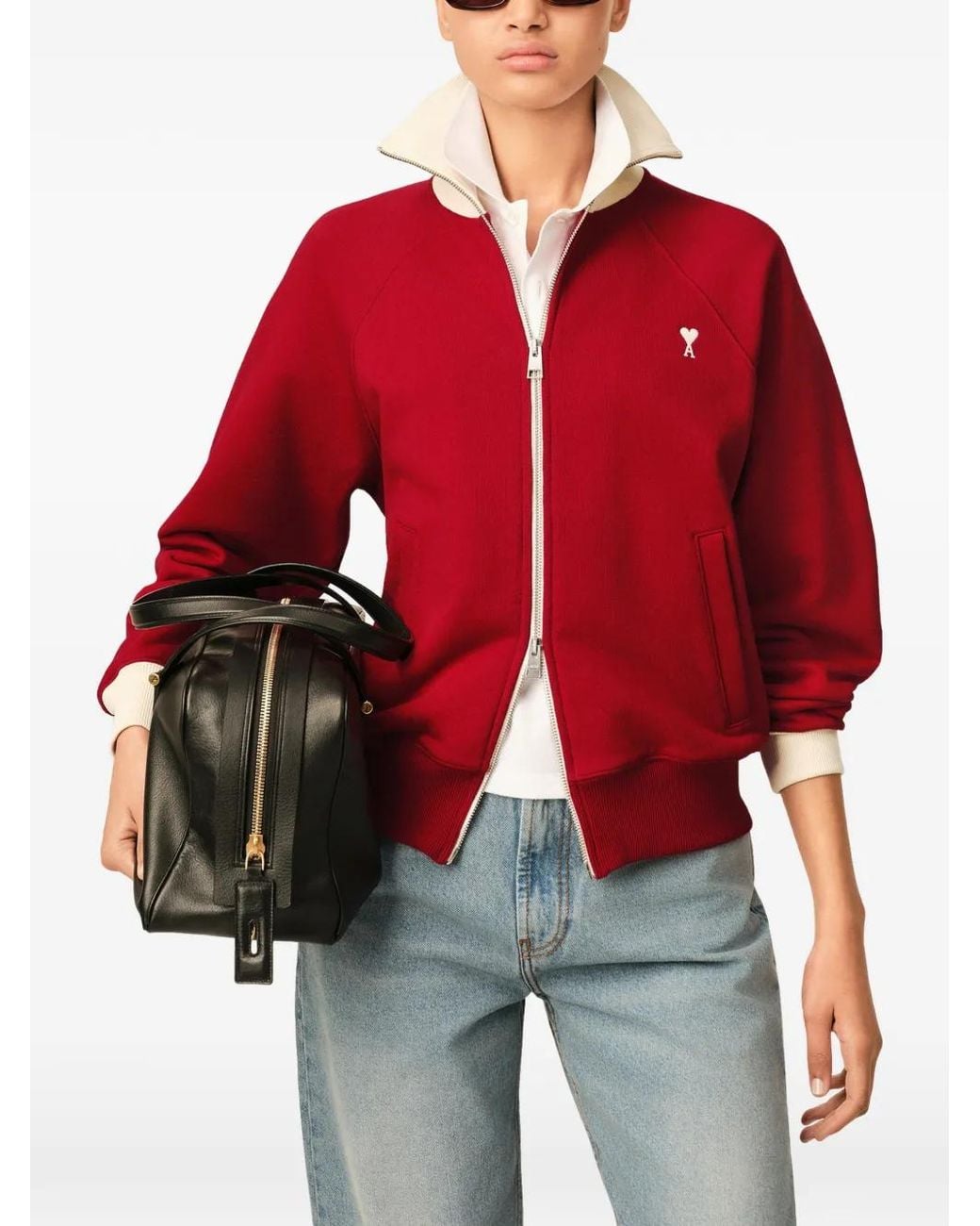 AMI Red Zipped Cotton Sweatshirt With Ami De Coeur