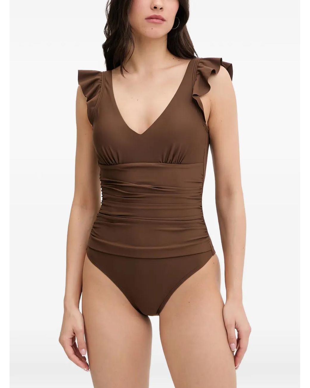 DKNY Brown Ruffled Ruched Swimsuit