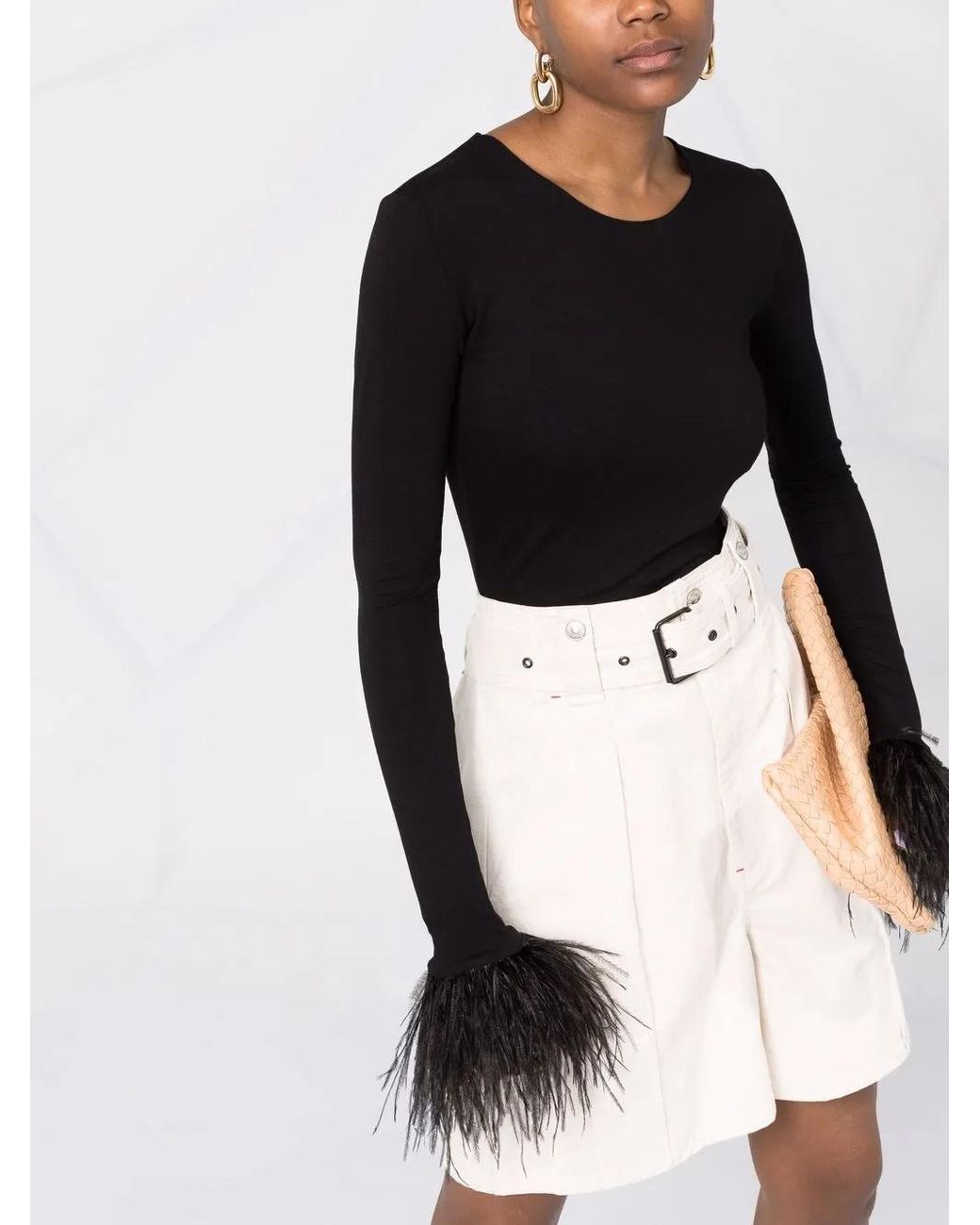 MANURI Black Elektra Feather-Trim Stretch Blouse
