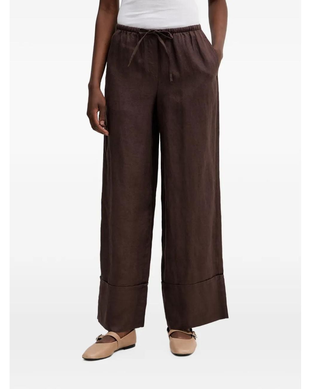 Benetton Brown Pantalon Ample En Lin À Lien De Resserrage