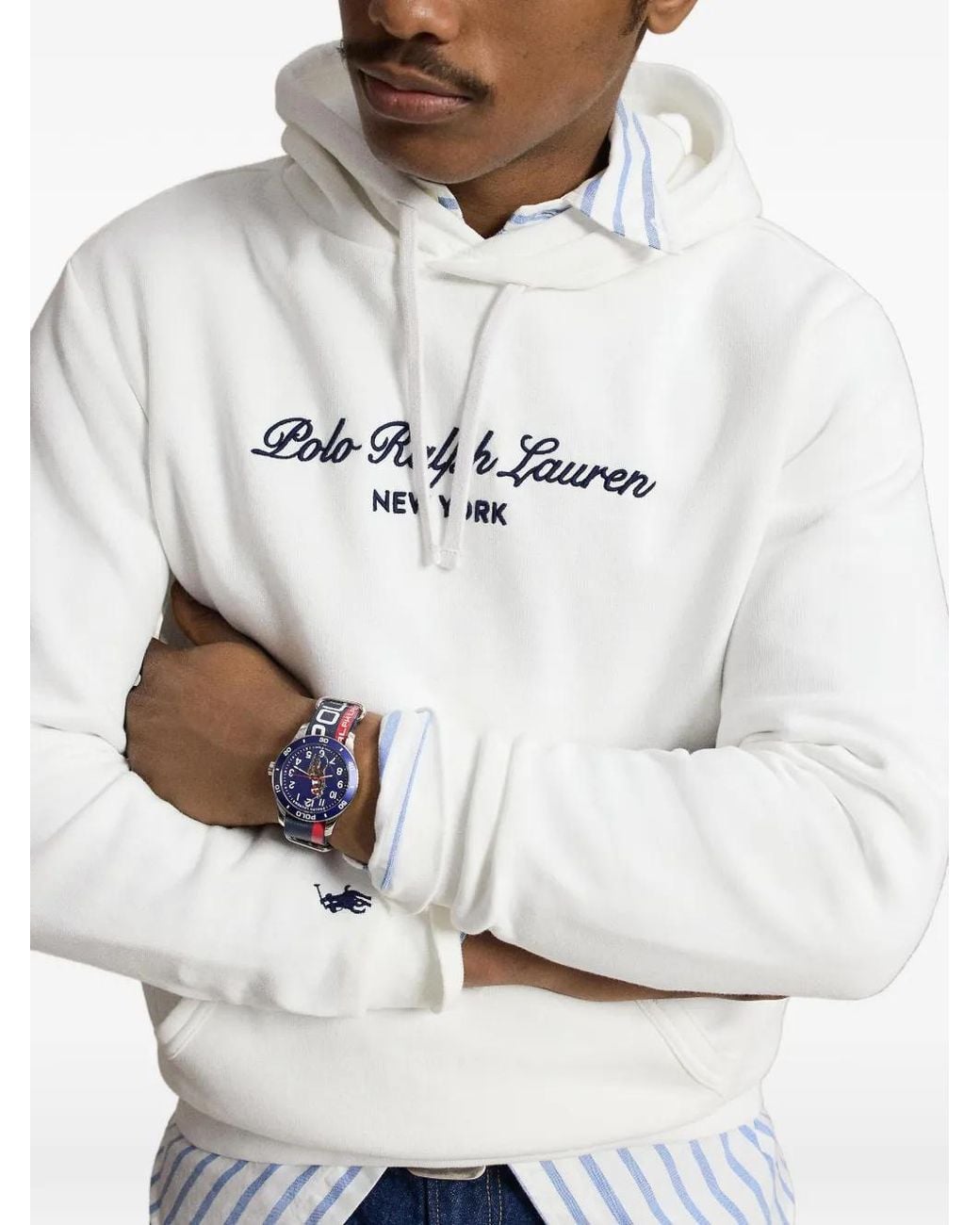 Polo Ralph Lauren White Cotton-Blend Hoodie With Contrasting Embroidered Lettering And Pony for men