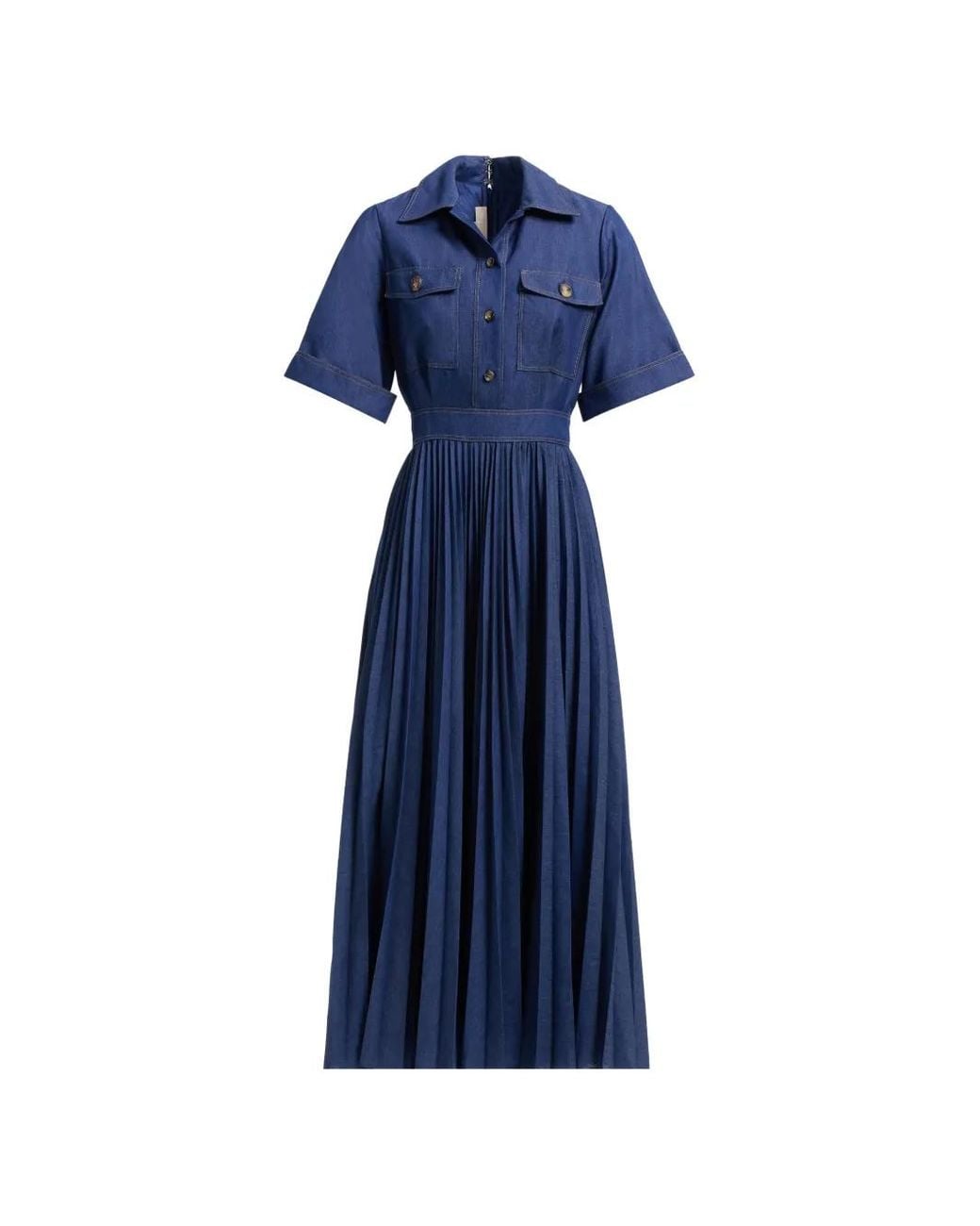 Elie Saab Blue Pleated Denim Midi Dress