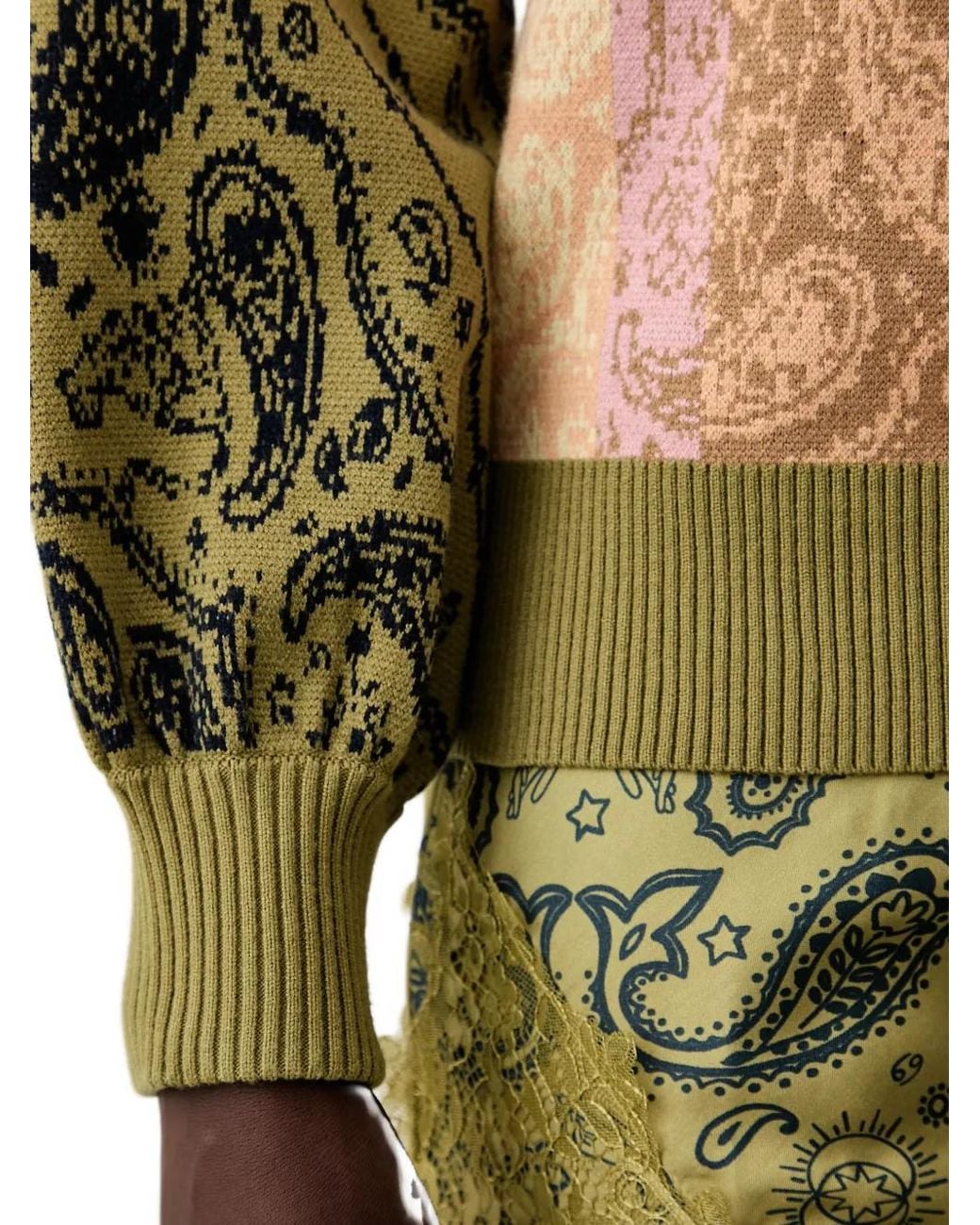 Never Fully Dressed Green Paisley-Print Intarsia-Knit Cardigan