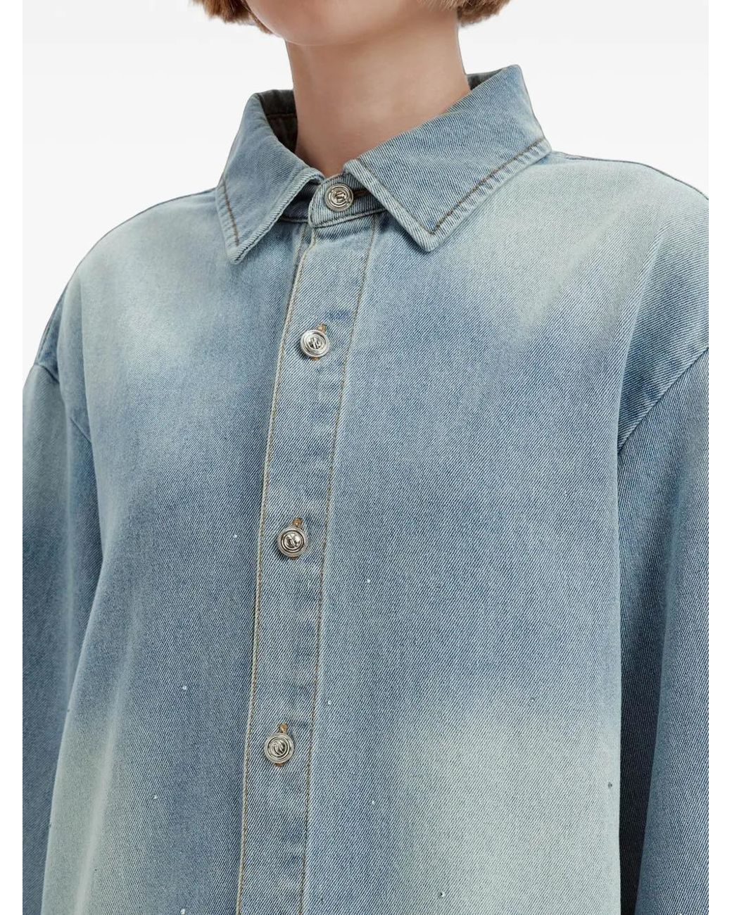 B+ AB Blue Crystal-Embellished Washed-Denim Shirt