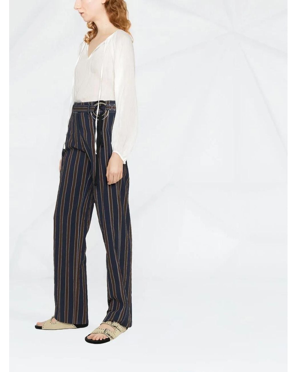 Tory Burch Blue Striped Crinkled Stretch-cotton Straight-leg Pants