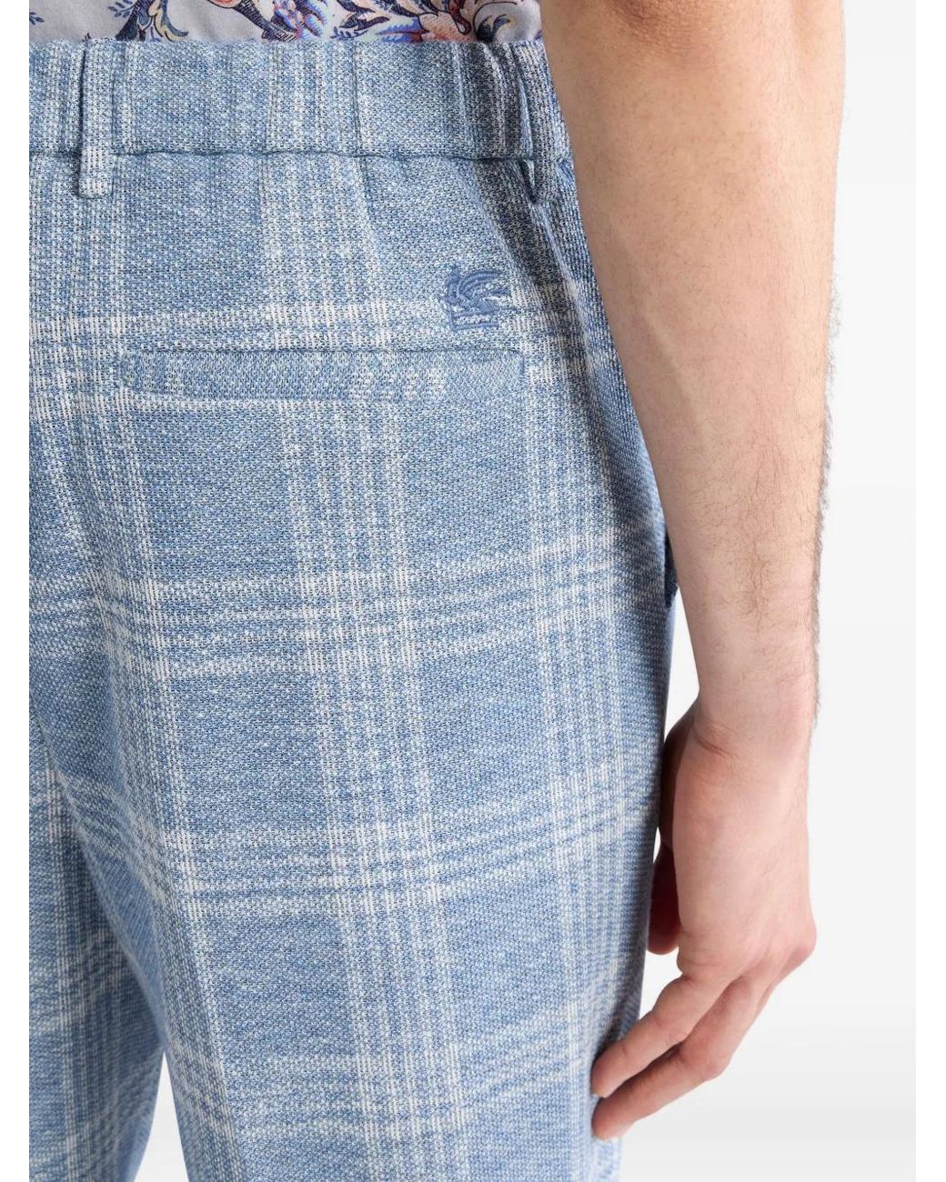 Etro Blue Linen- And Cotton-Blend Jersey Trousers With Maxi Check Motif for men