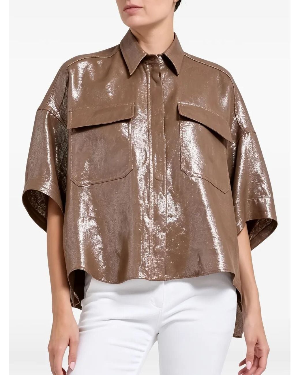 Brunello Cucinelli Brown Metallic-Effect Short-Sleeve Shirt