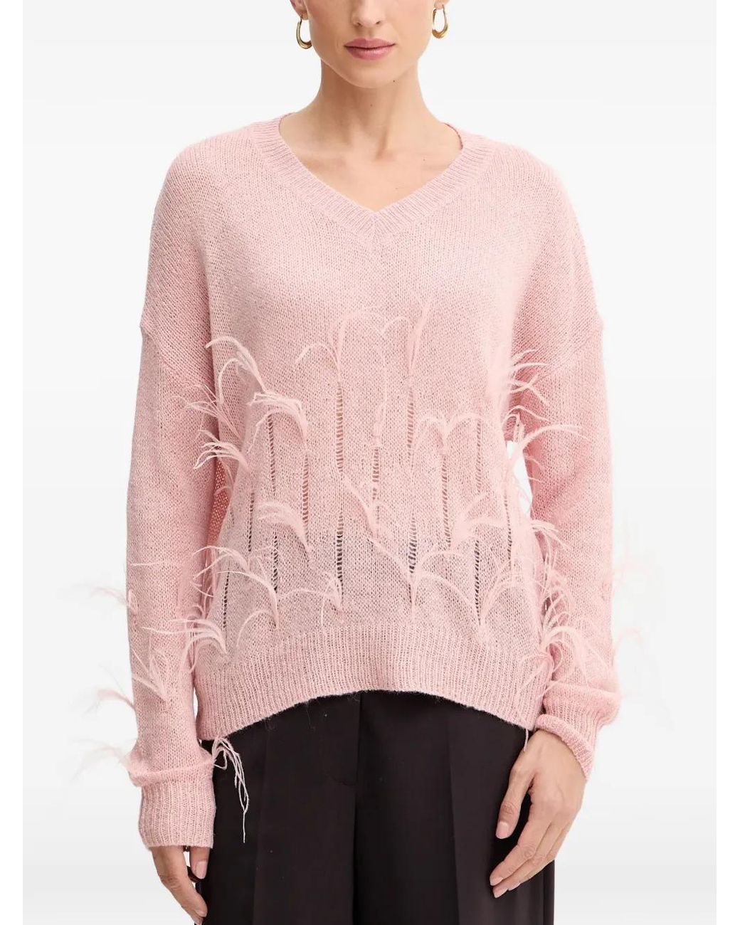 Fracomina Pink Feather-Embellished V-Neck Sweater
