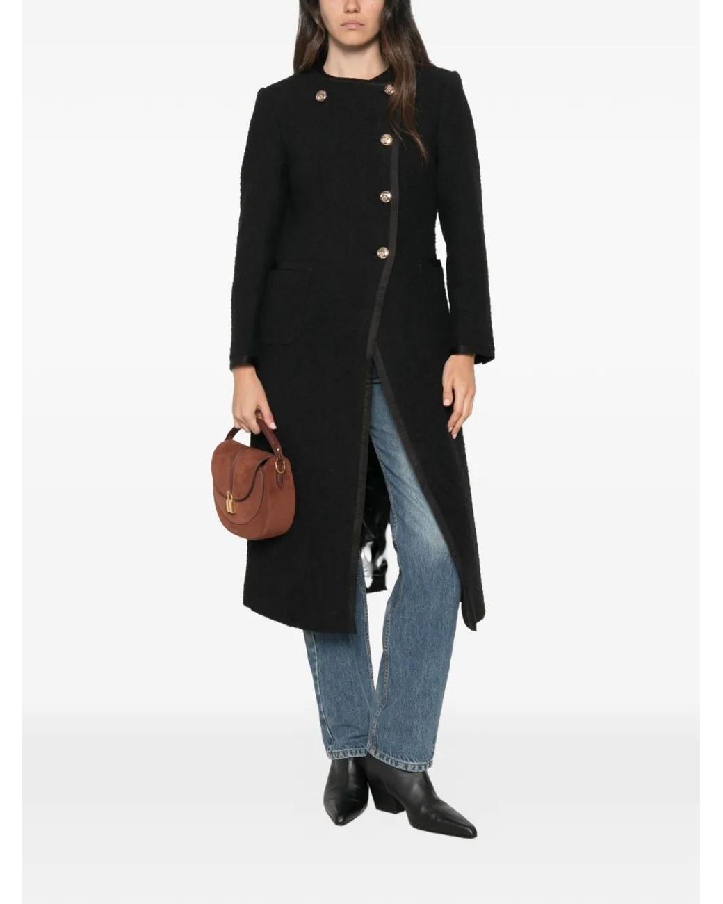 Sandro Black Button-Up Round-Collar Coat