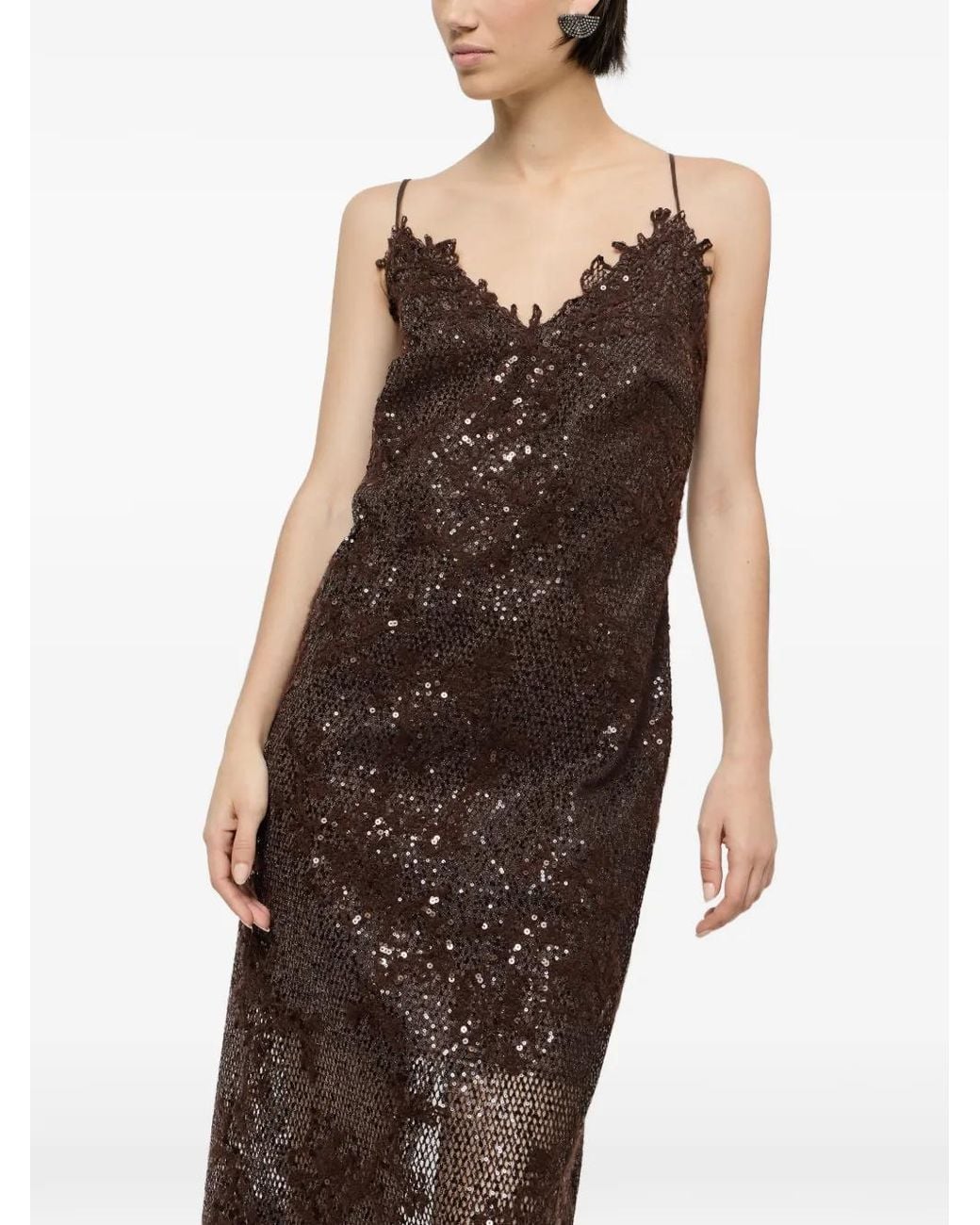 Brunello Cucinelli Brown Dazzling Lace-Embroidery Dress