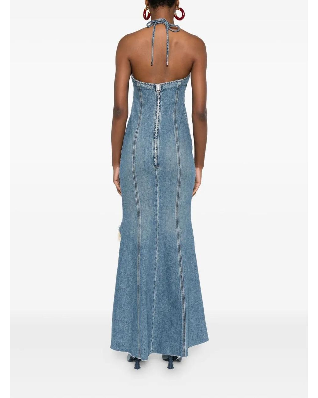 Blumarine Blue Halter-Neck Frayed-Hem Denim Dress