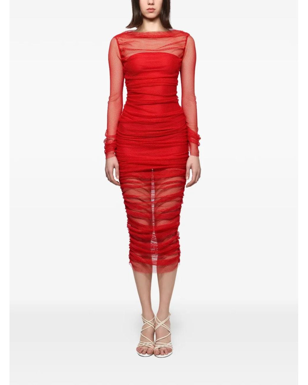 Atu Body Couture Red Fishnet-Design Midi Dress
