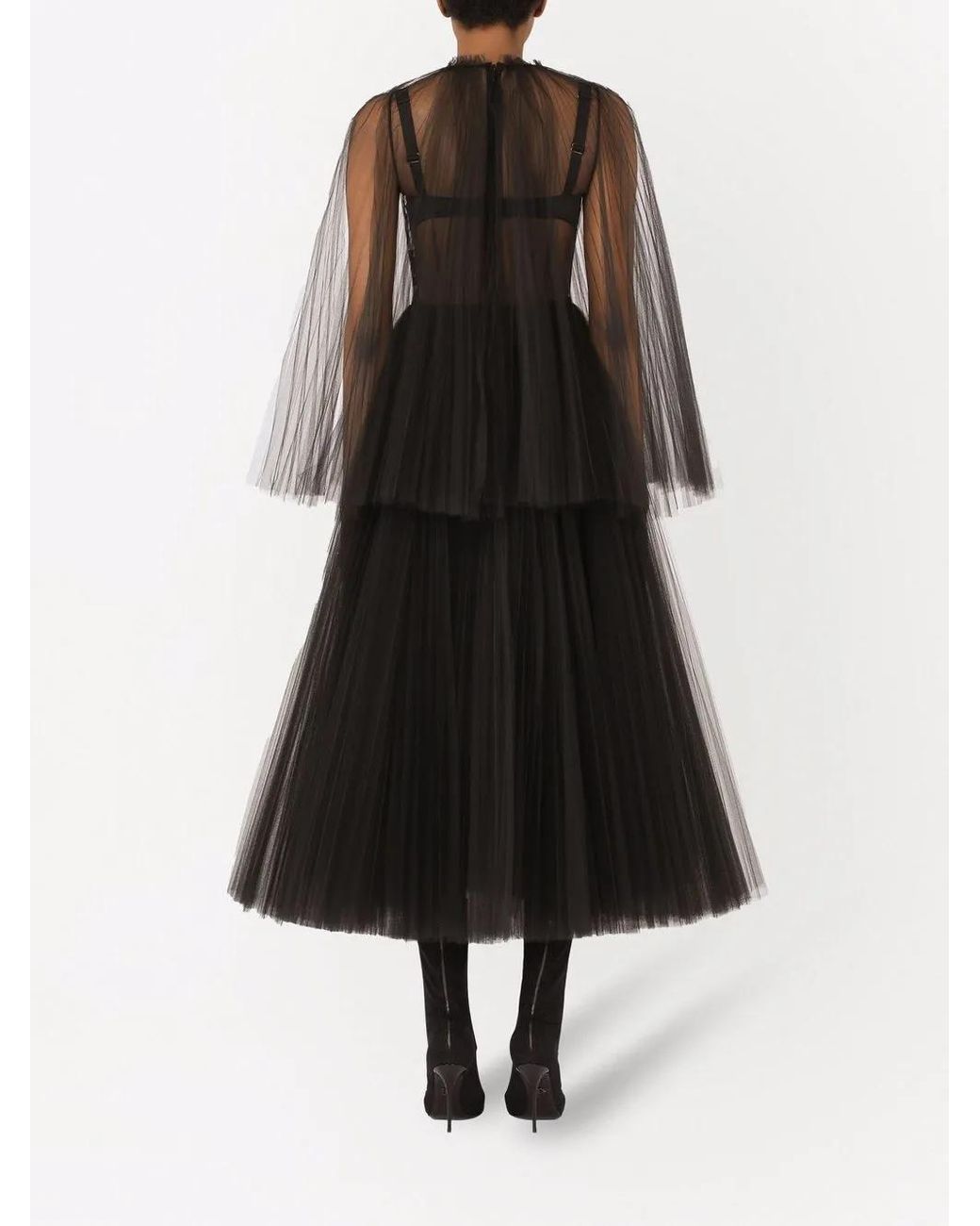 Dolce & Gabbana Black Cape-Detail Tulle Midi Dress