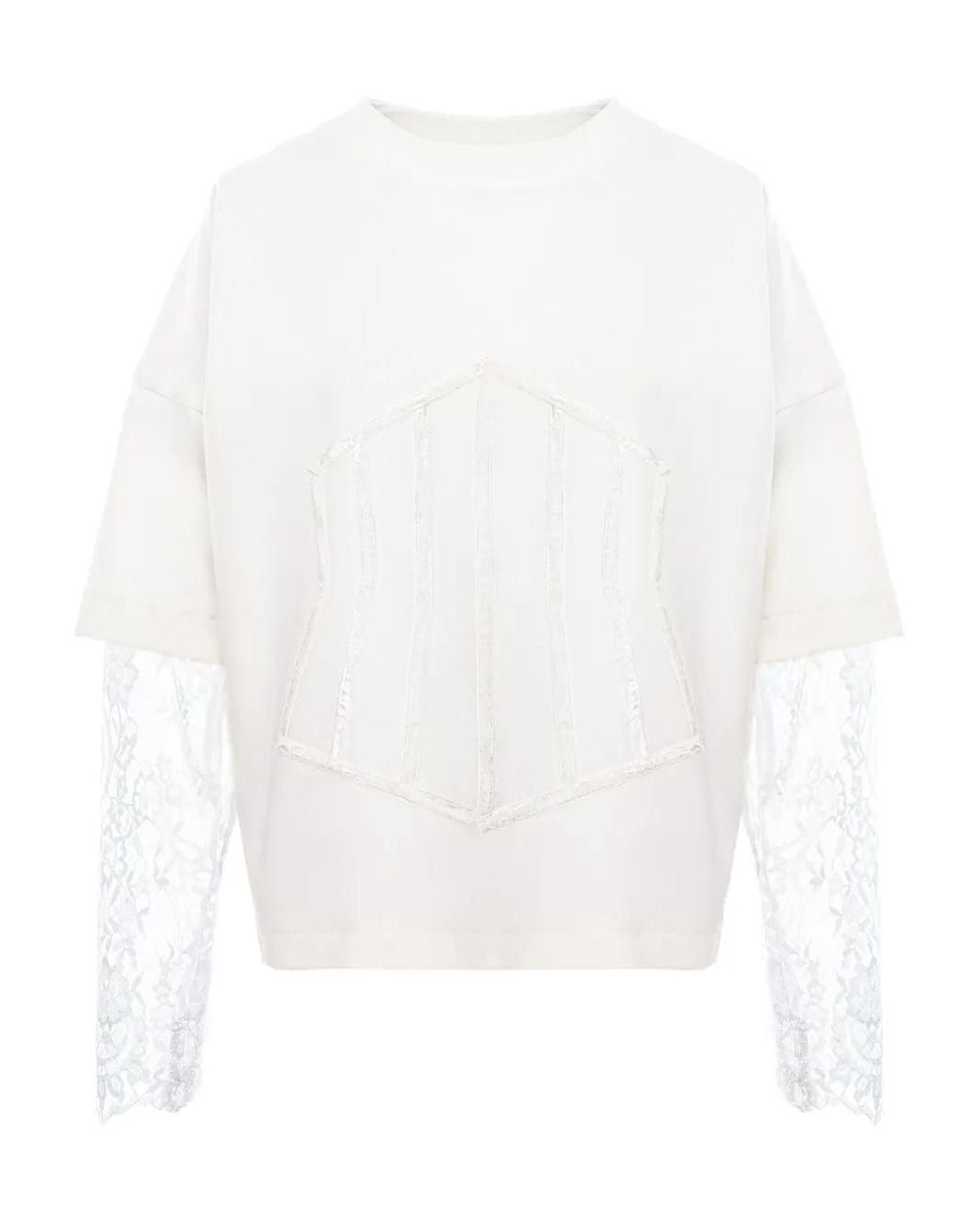 Hamza White Lace-Sleeve Corset-Detail Top