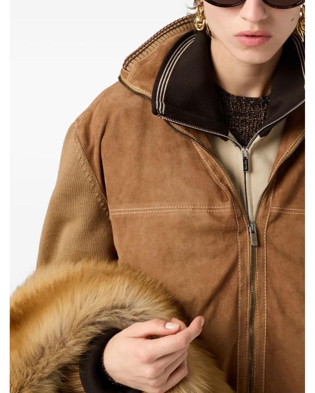 Miu Miu Brown Suede-Insert Ribbed Cardigan