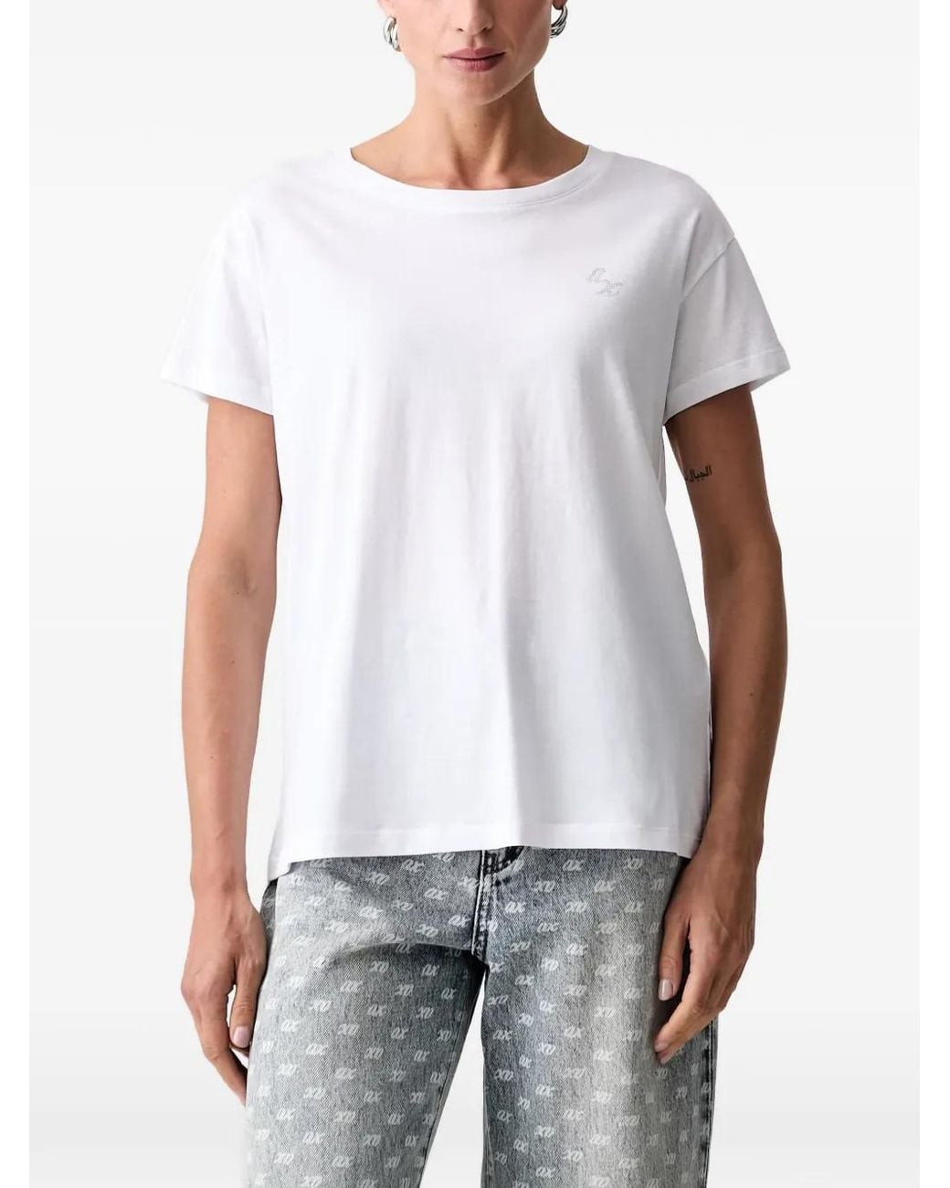 ARMANI EXCHANGE White T-Shirt Orné De Cristaux À Logo