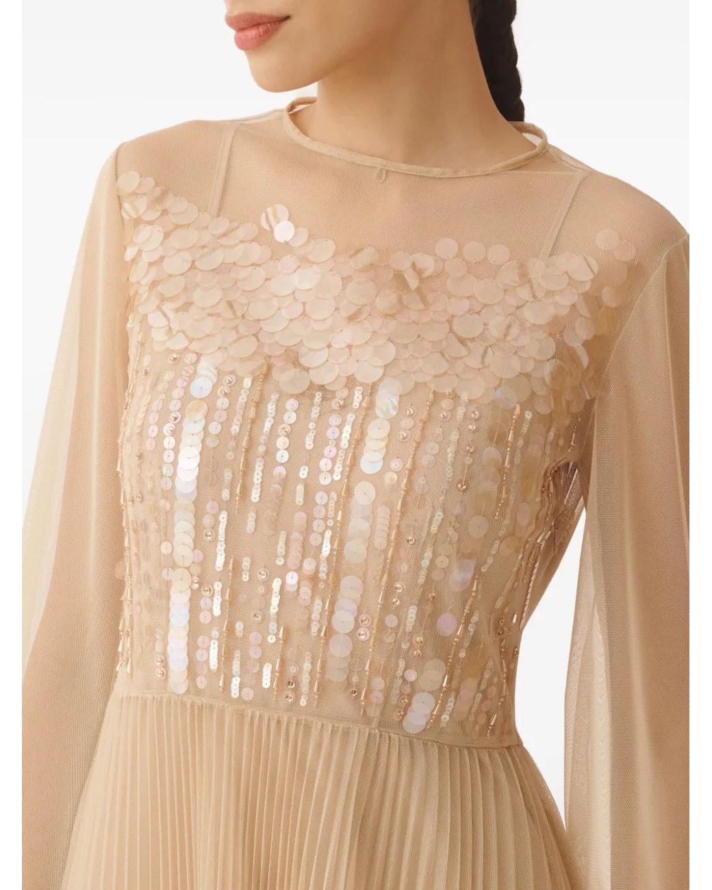Fabiana Filippi Natural Sequin-Embellished Pleated Maxi Dress