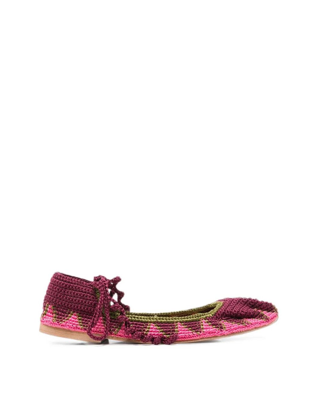 SLO_HAND_MADE Red Crochet Lace-Up Ballet Flats