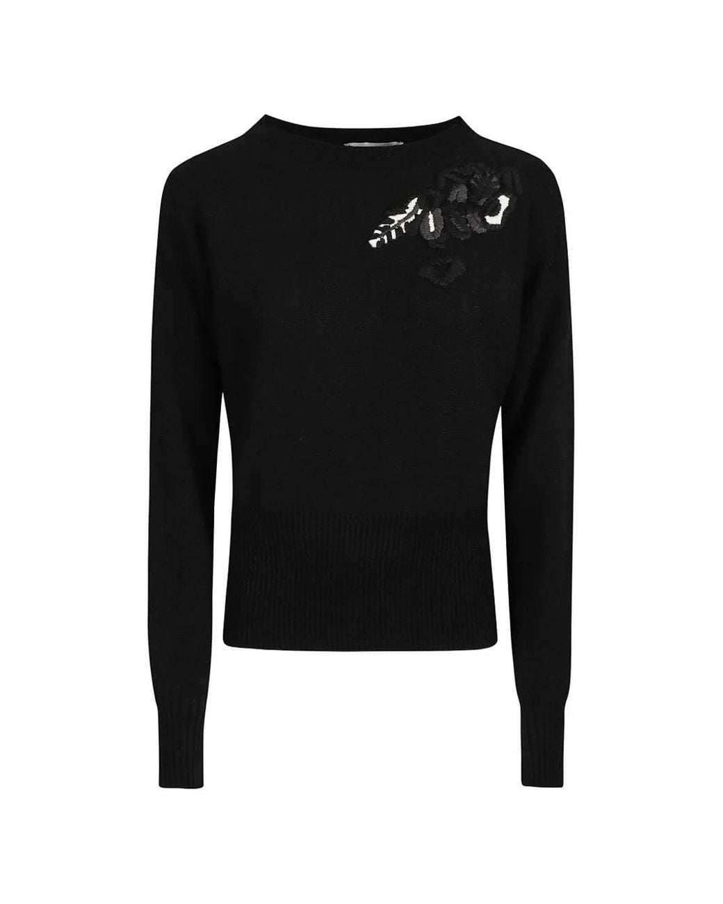 ERMANNO FIRENZE Black Floral-Applique Ribbed-Trim Sweater