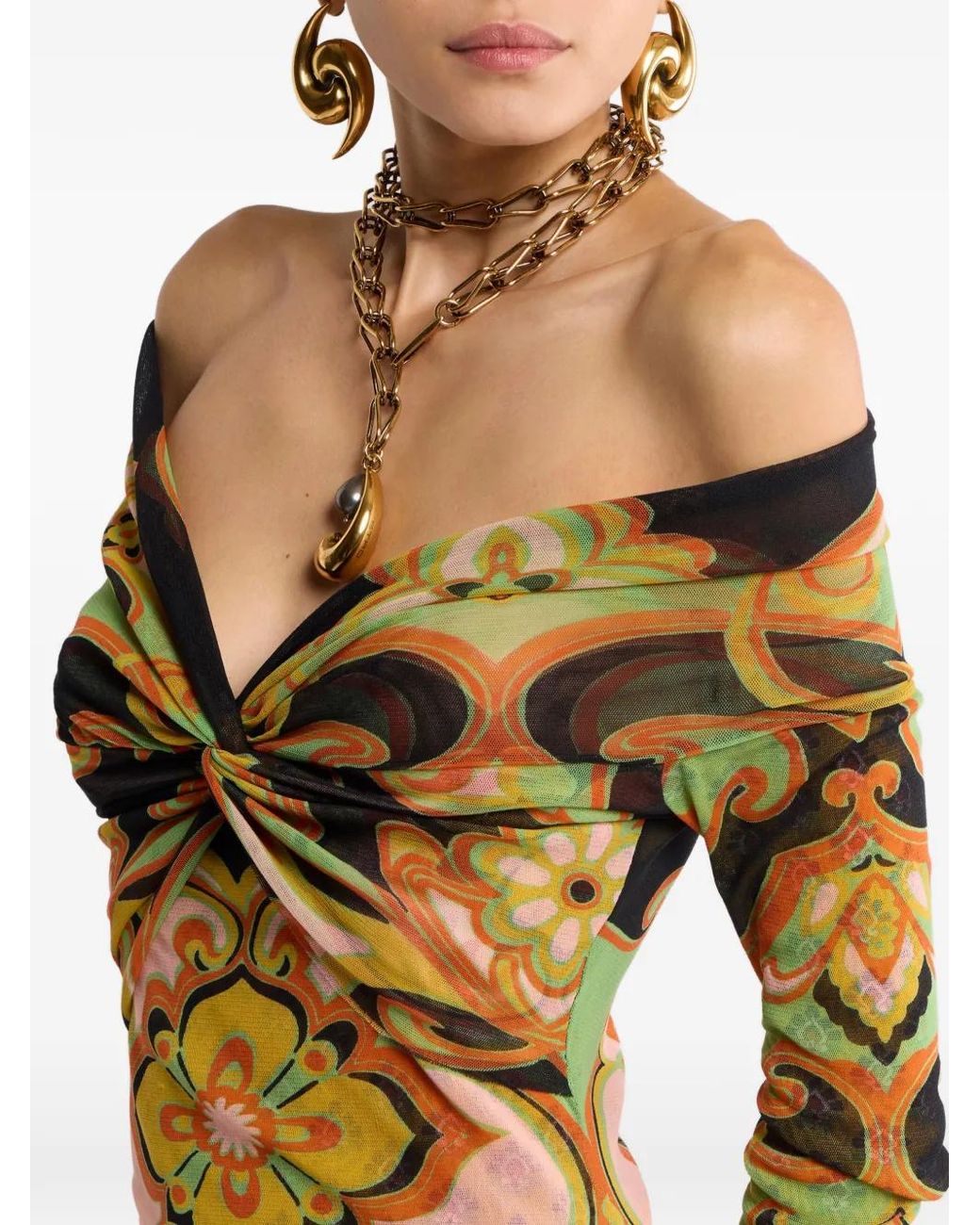 Etro Multicolor Asymmetric Tulle Midi Dress With Placed Floral Print