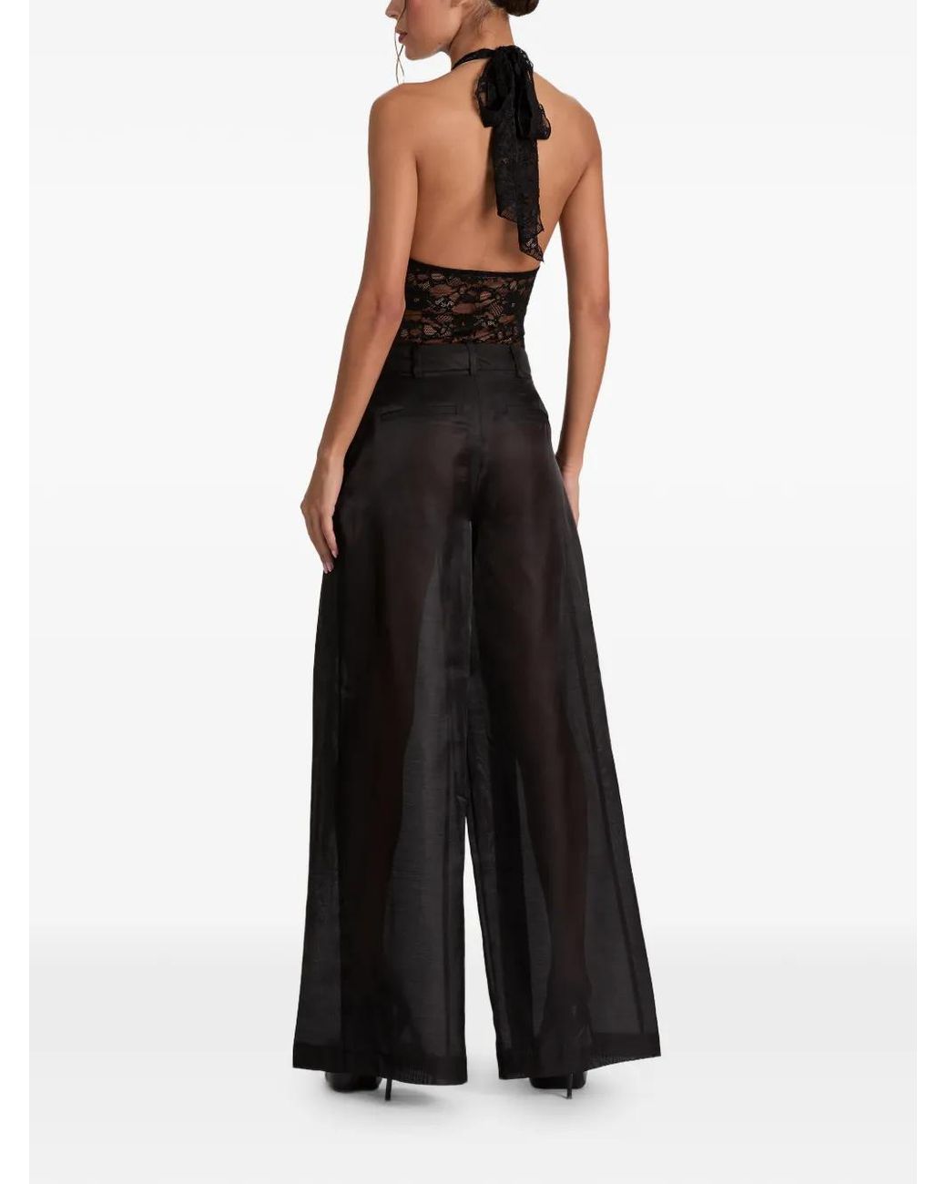 Alice + Olivia Black Lina Plunging V-Neck Halter Lace Bodysuit