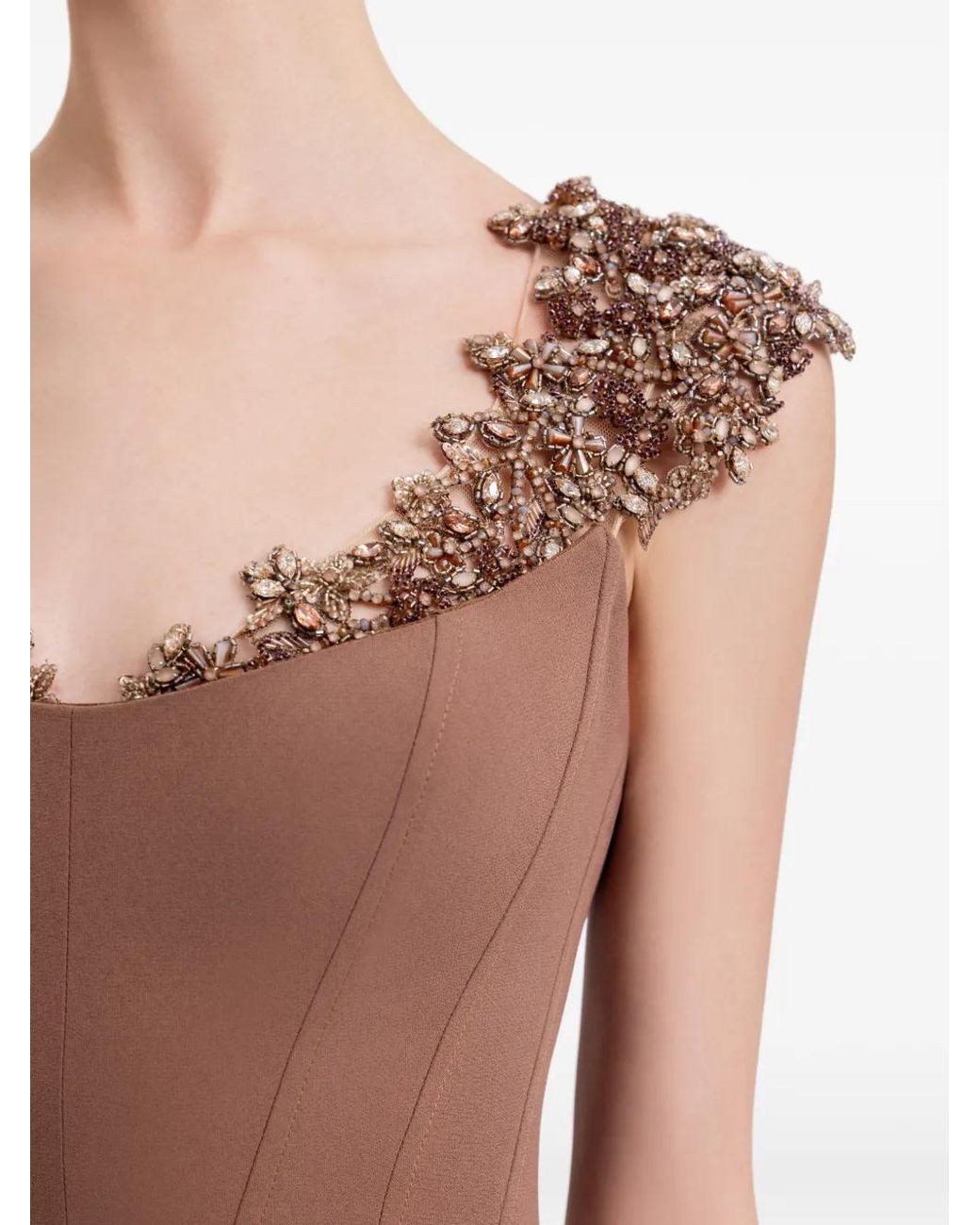 Gemy Maalouf Brown Beaded-Neckline Dress