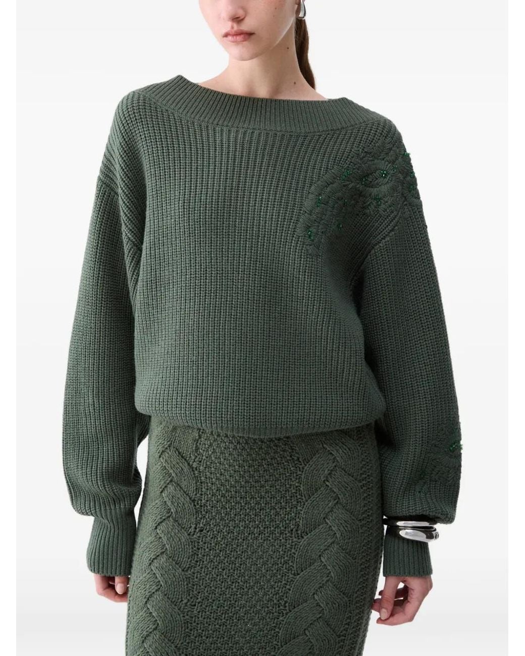 Liu Jo Green Wool Sweater With Embroidery