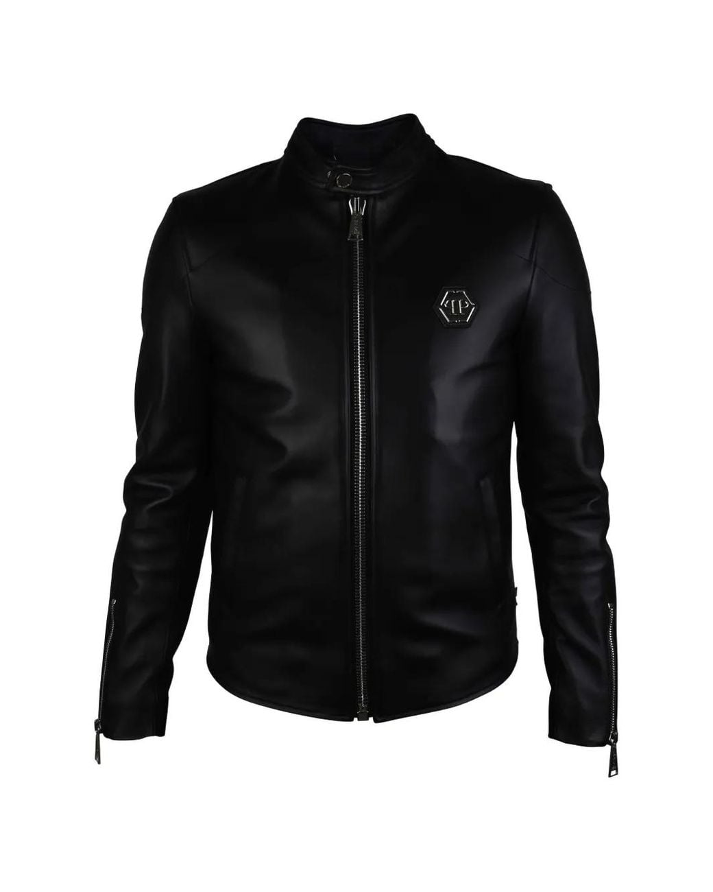 Philipp Plein Black Hexagonal Logo Biker Jacket for men