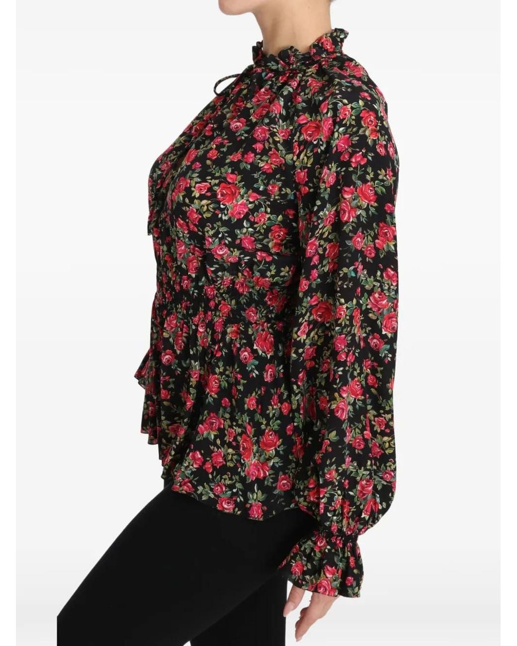 Dolce & Gabbana Black Floral-Print Ruffled Blouse