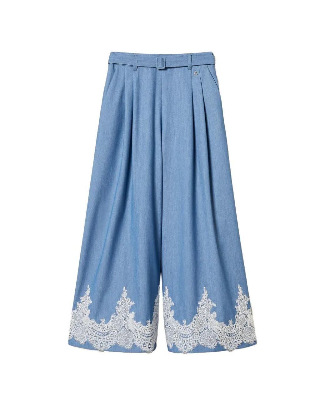 Twinset Blue Palazzo Trousers With Lace And Belt